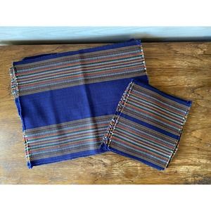 Vintage Guatemalan Woven Navy Blue Striped Placemats and Napkins - Set of 6